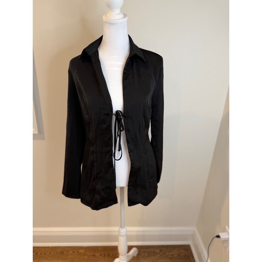 Princess Polly Kemble Long Sleeve Shirt Satin Finish Front Tie Closure Black 4